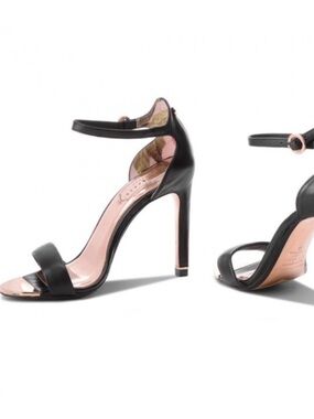 Ted Baker Black Ankle-Strap High Heel Sandals with Rose Gold Insole